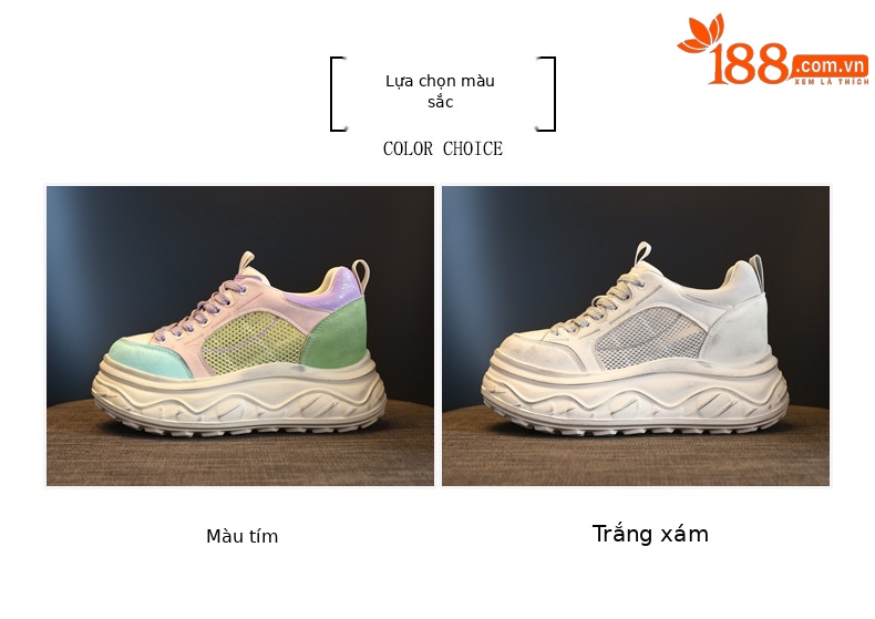 Giày thể thao nữ đế dày tăng chiều cao sneaker trắng cổ thấp — Xám trắng chi tiết 2