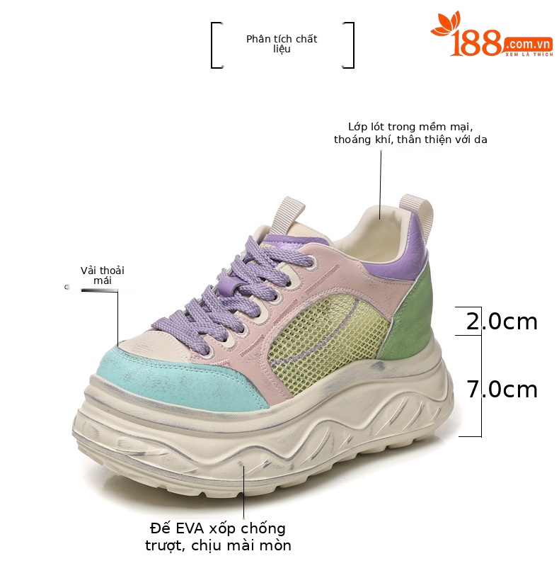 Giày thể thao nữ đế dày tăng chiều cao sneaker trắng cổ thấp — Xám trắng chi tiết 3
