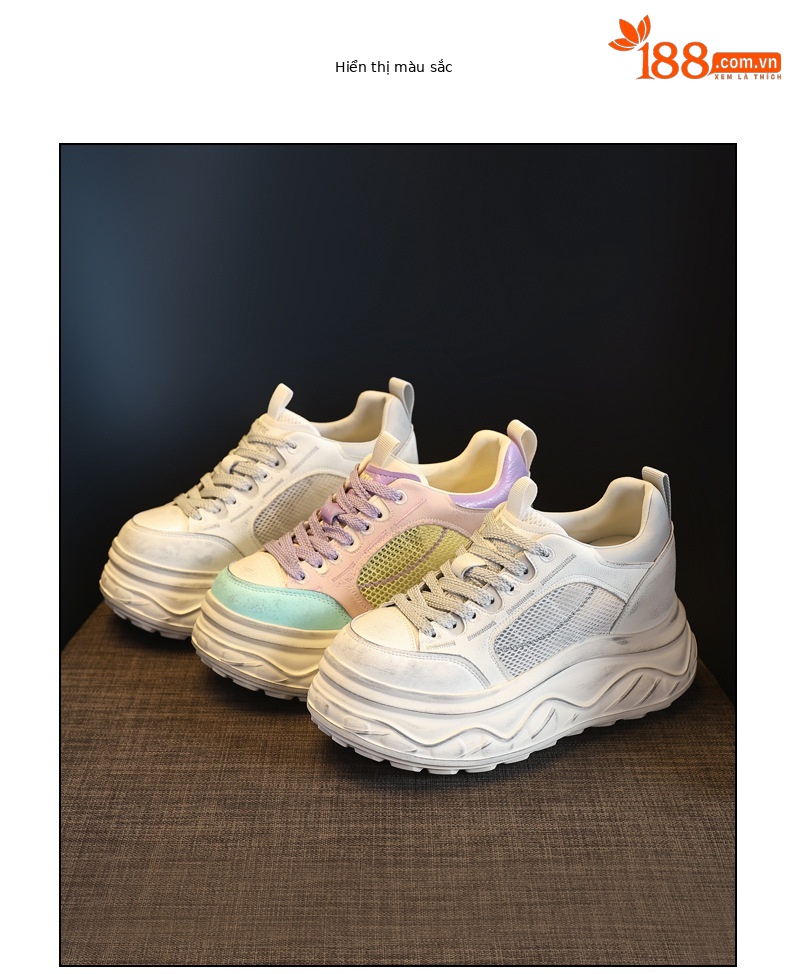 Giày thể thao nữ đế dày tăng chiều cao sneaker trắng cổ thấp — Xám trắng chi tiết 15