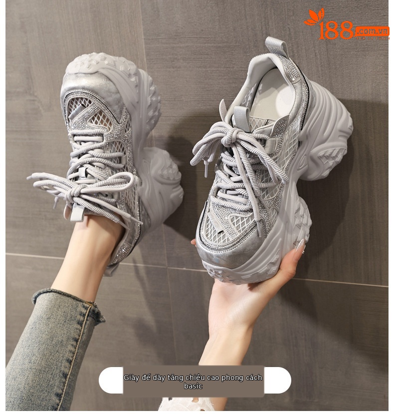 Giày sneaker nữ đế dày tăng chiều cao lưới thoáng khí phong cách daddy — màu trắng chi tiết 1