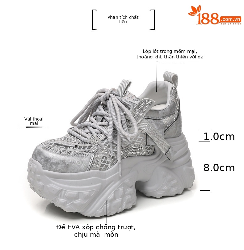 Giày sneaker nữ đế dày tăng chiều cao lưới thoáng khí phong cách daddy — màu trắng chi tiết 3