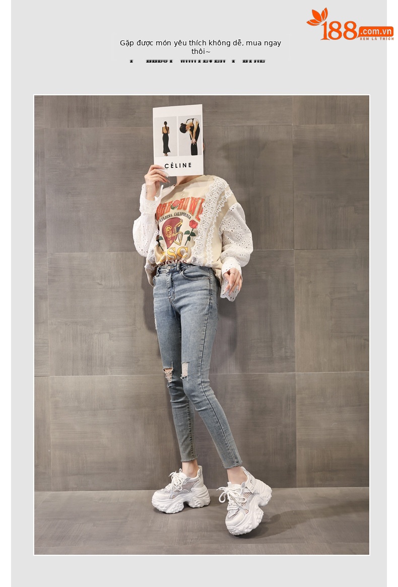 Giày sneaker nữ đế dày tăng chiều cao lưới thoáng khí phong cách daddy — màu trắng chi tiết 6