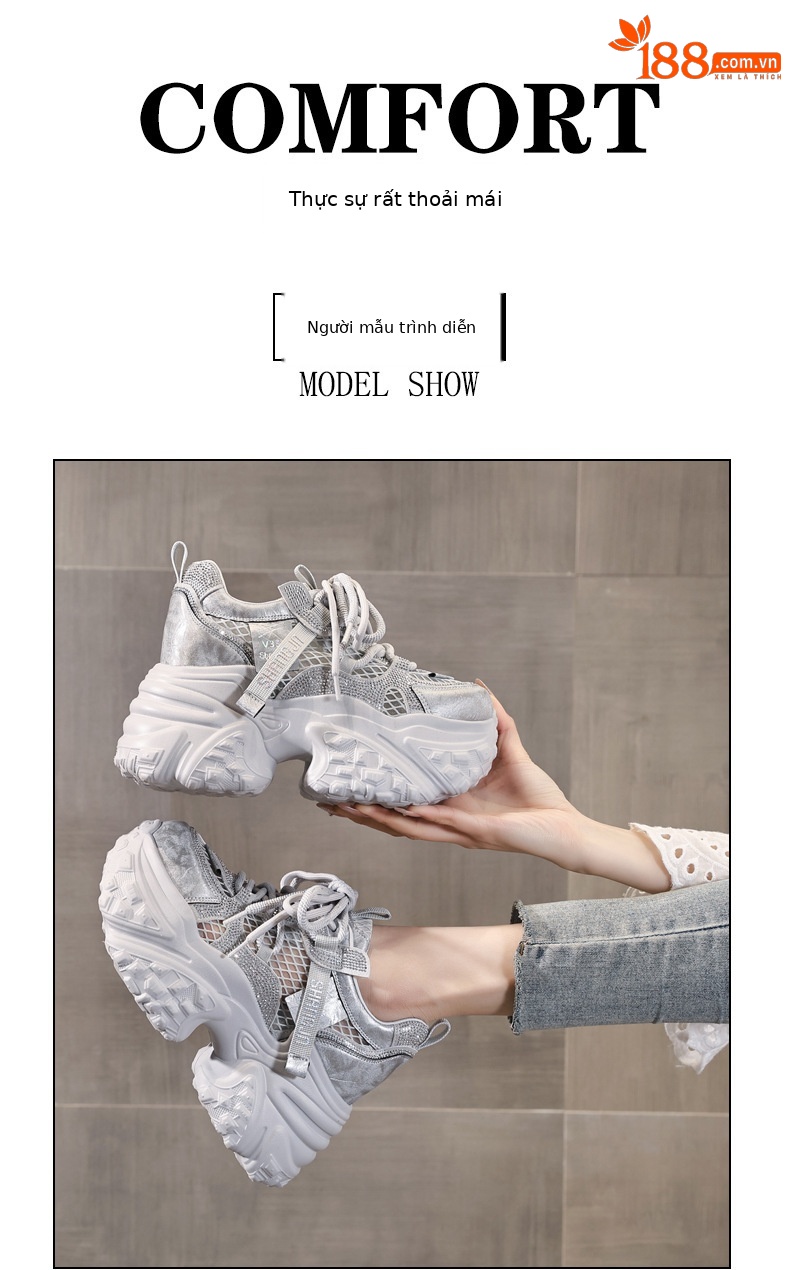 Giày sneaker nữ đế dày tăng chiều cao lưới thoáng khí phong cách daddy — màu trắng chi tiết 11