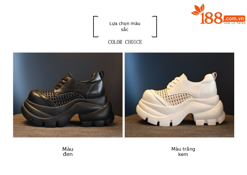Giày lười nữ đế dày tăng chiều cao, mũi vuông thoáng khí, họa tiết chạm rỗng — màu đen, màu trắng ngà chi tiết 2