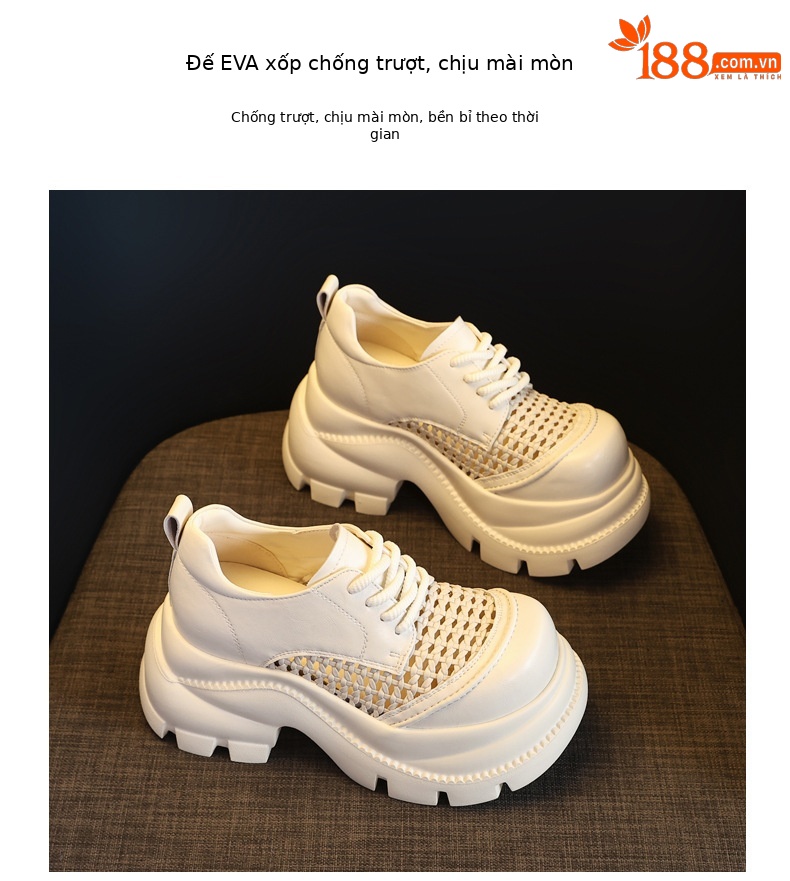 Giày lười nữ đế dày tăng chiều cao, mũi vuông thoáng khí, họa tiết chạm rỗng — màu đen, màu trắng ngà chi tiết 10