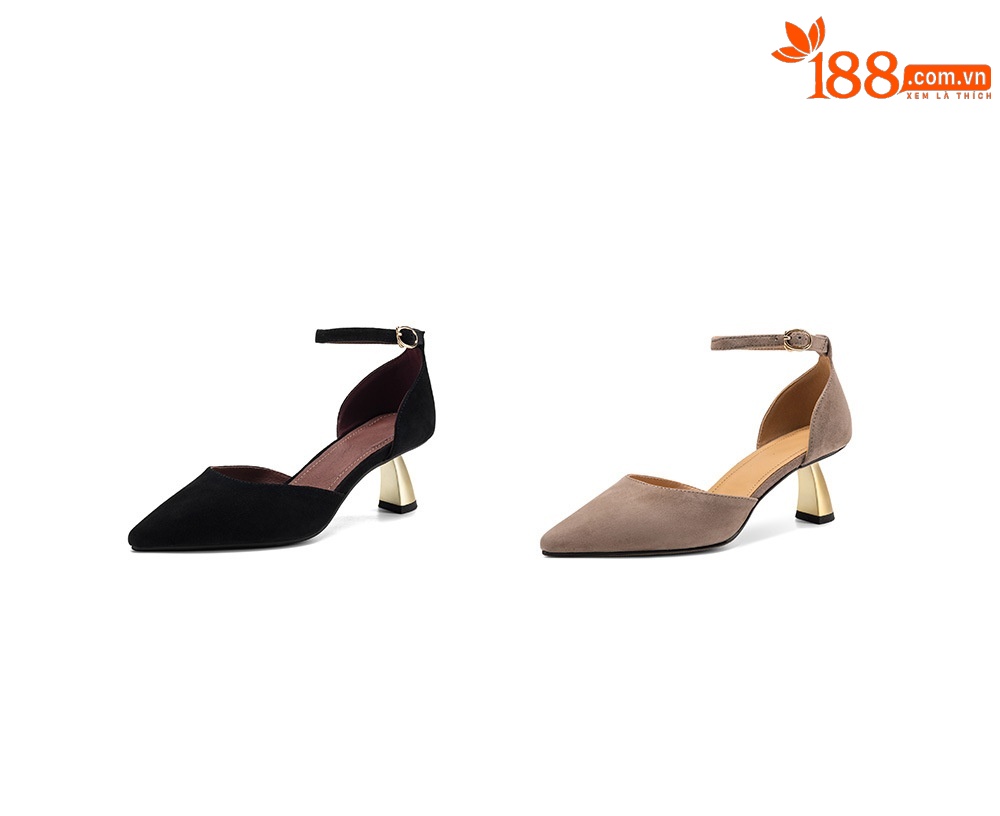 Sandal nữ da cừu mũi nhọn quai ngang gót cao 7 cm — đen chi tiết 4