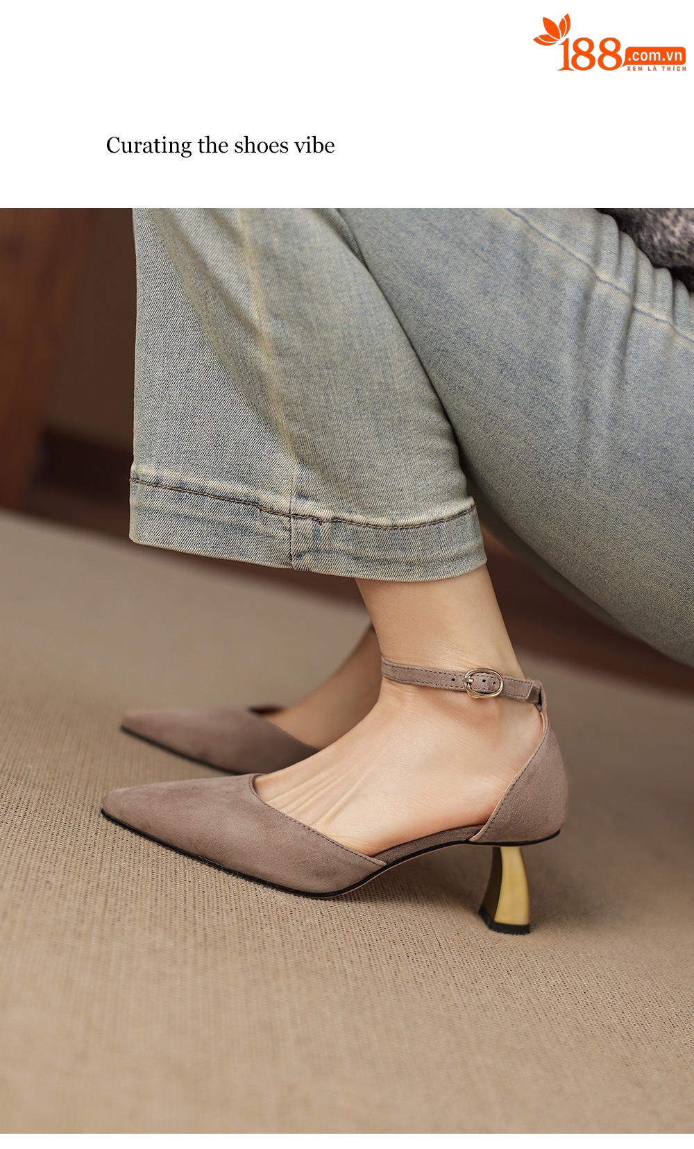 Sandal nữ da cừu mũi nhọn quai ngang gót cao 7 cm — đen chi tiết 11