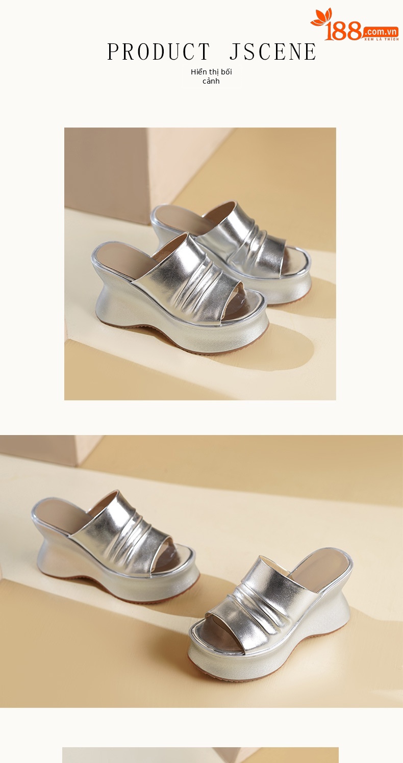 Sandal cao gót nữ hở mũi quai ngang da thật gót 10 cm — màu vàng, bạc chi tiết 5