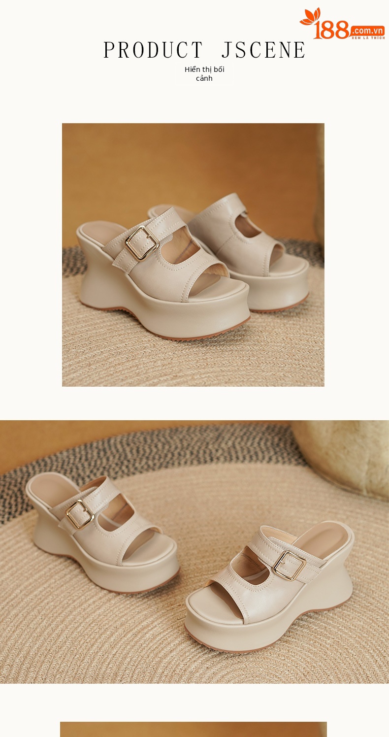 Sandal nữ da bò cao gót hở mũi quai khóa, đế xuồng tăng chiều cao, dáng lười tiện lợi — màu nâu, màu mơ chi tiết 5