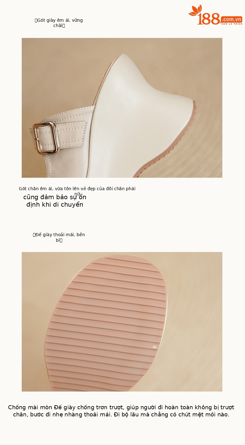 Sandal nữ da bò cao gót hở mũi quai khóa, đế xuồng tăng chiều cao, dáng lười tiện lợi — màu nâu, màu mơ chi tiết 8
