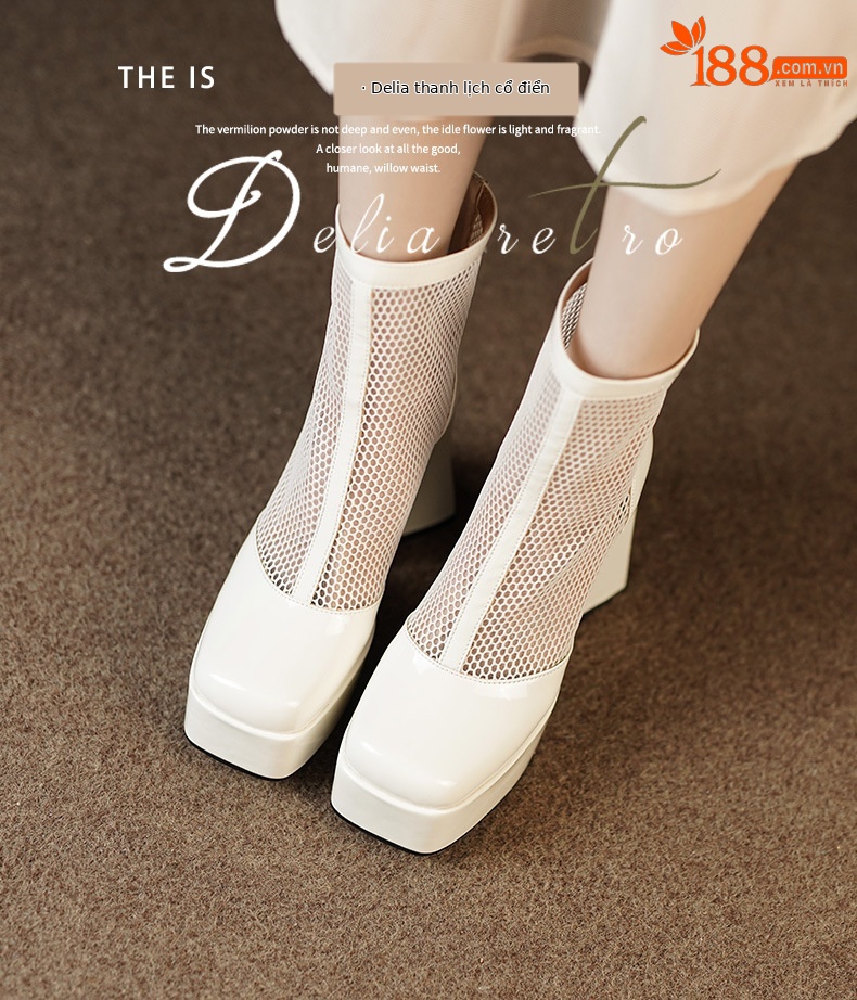 Boot nữ cổ thấp mũi vuông gót thô cao 9 cm, phong cách vintage, đế platform thoáng khí — màu đen, màu trắng ngà chi tiết 2