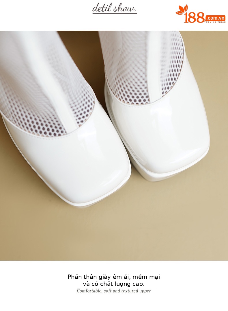 Boot nữ cổ thấp mũi vuông gót thô cao 9 cm, phong cách vintage, đế platform thoáng khí — màu đen, màu trắng ngà chi tiết 11