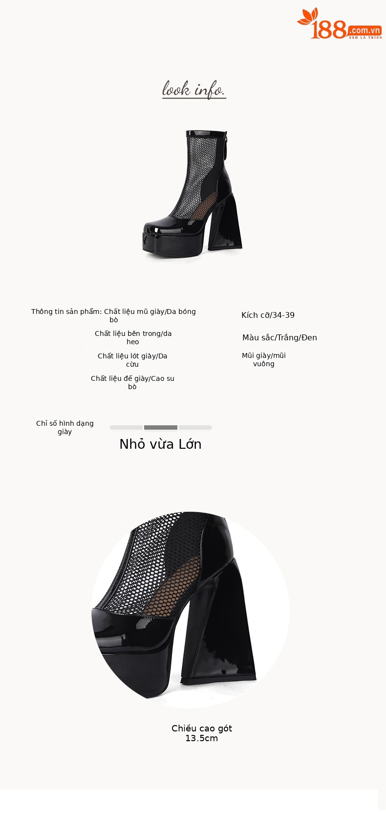Boot nữ cổ thấp mũi vuông gót thô cao 9 cm, phong cách vintage, đế platform thoáng khí — màu đen, màu trắng ngà chi tiết 4