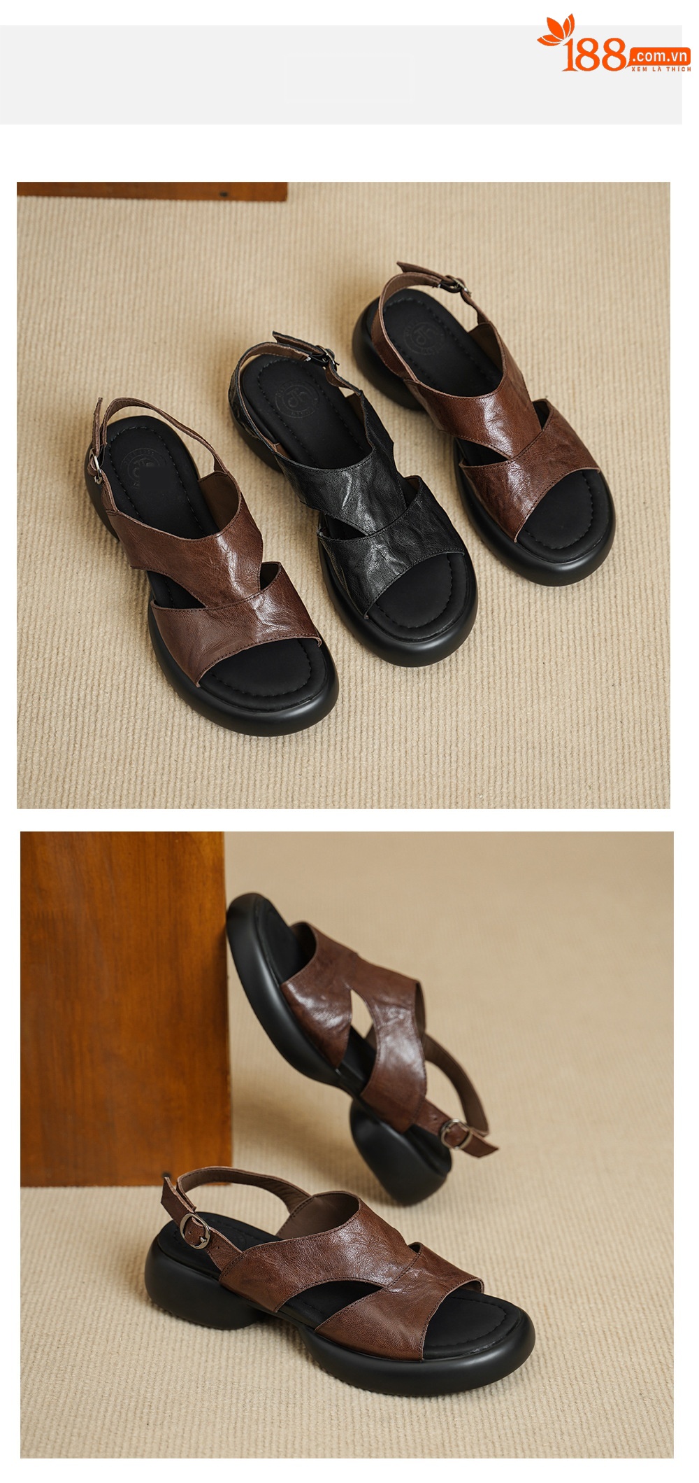 Sandal nữ hở mũi đế dày 4 cm da cừu quai chữ T khóa — màu nâu chi tiết 11