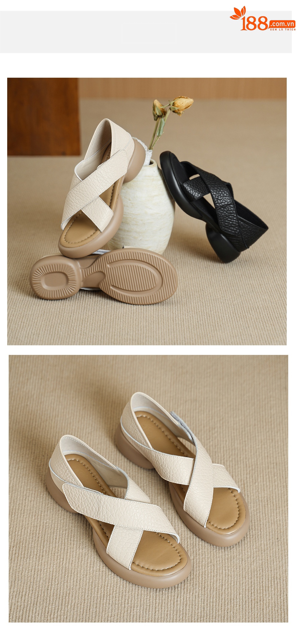 Sandal nữ hở mũi đế dày 4 cm da cừu quai ngang khóa — đen chi tiết 11