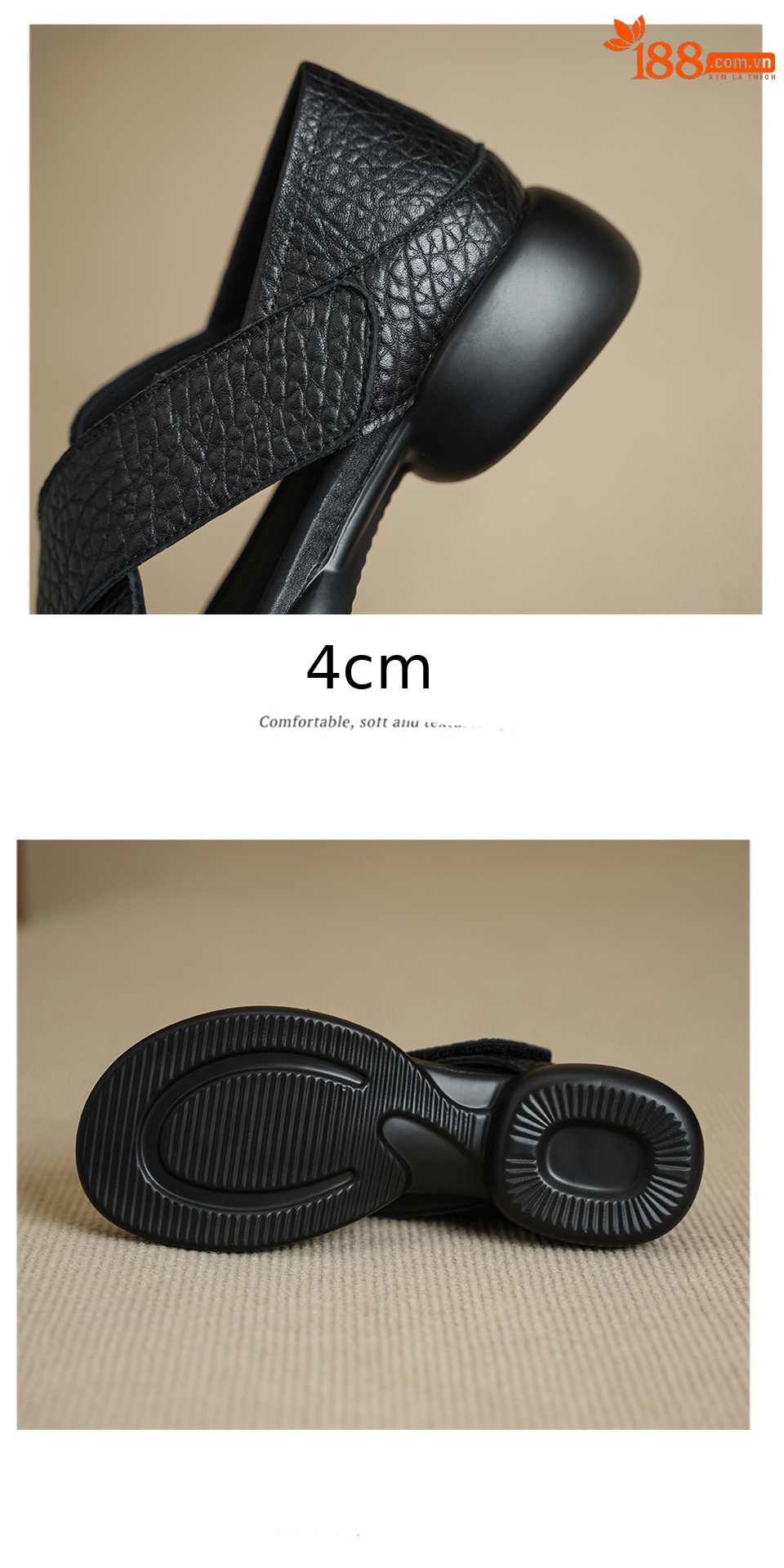 Sandal nữ hở mũi đế dày 4 cm da cừu quai ngang khóa — đen chi tiết 15