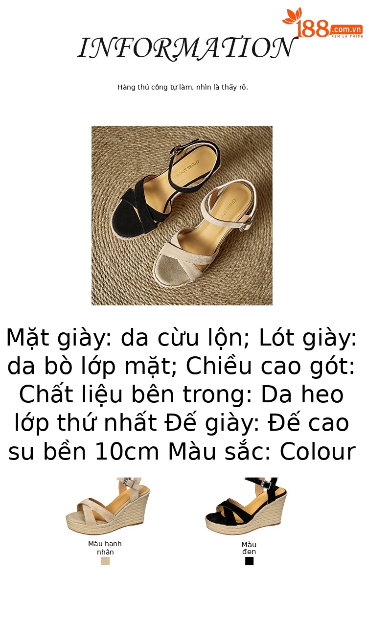 Sandal cao gót nữ đế xuồng đan rơm, quai ngang, hở mũi, gót 10 cm — màu đen, màu mơ chi tiết 2