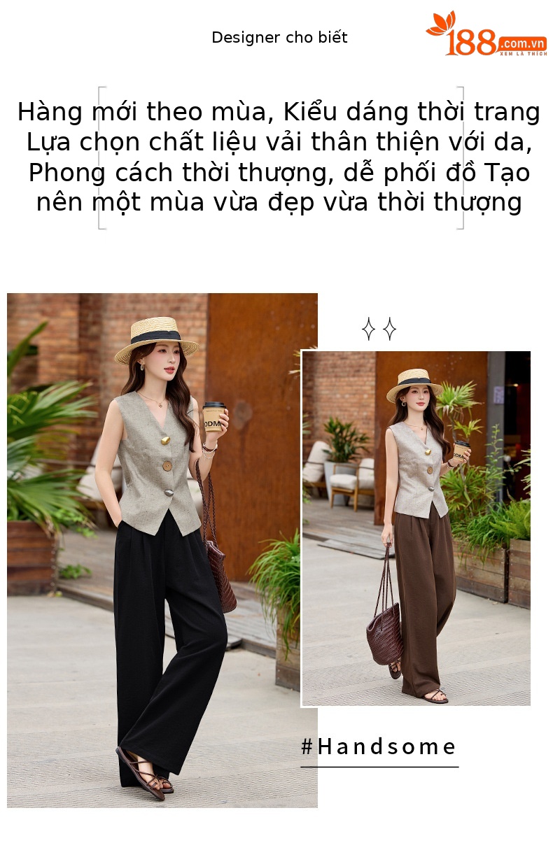 Bộ áo vest không tay kết hợp quần ống suông nữ 2 món mùa hè 2026 — Nâu gạo + Quần cà phê, Vàng gạo xám + Quần đen chi tiết 2
