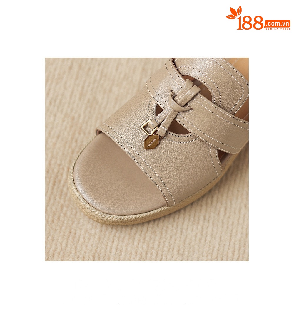 Sandal nữ quai chữ V đế bánh mì da dê hở mũi — màu trắng ngà chi tiết 9