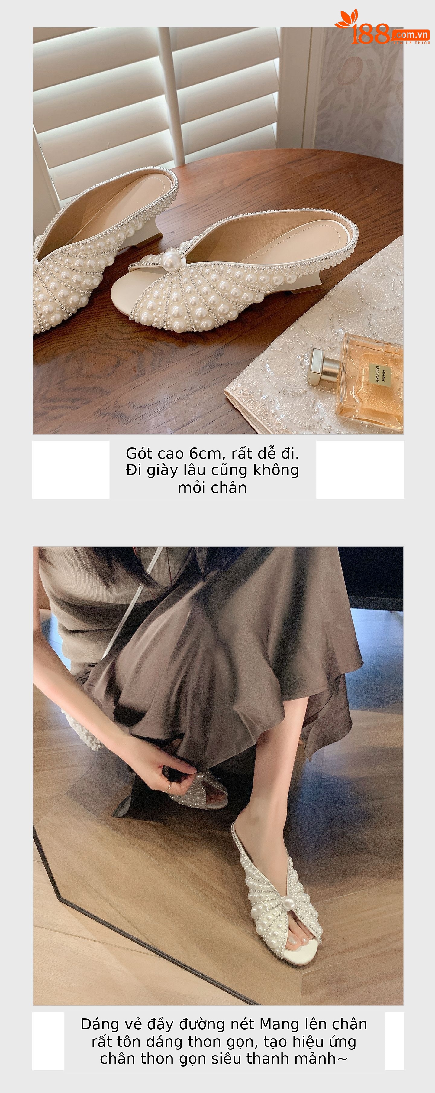 Sandal cao gót nữ mũi peep-toe đính ngọc trai, gót xuồng platform, phù hợp tiệc tùng — màu đen, màu trắng chi tiết 7