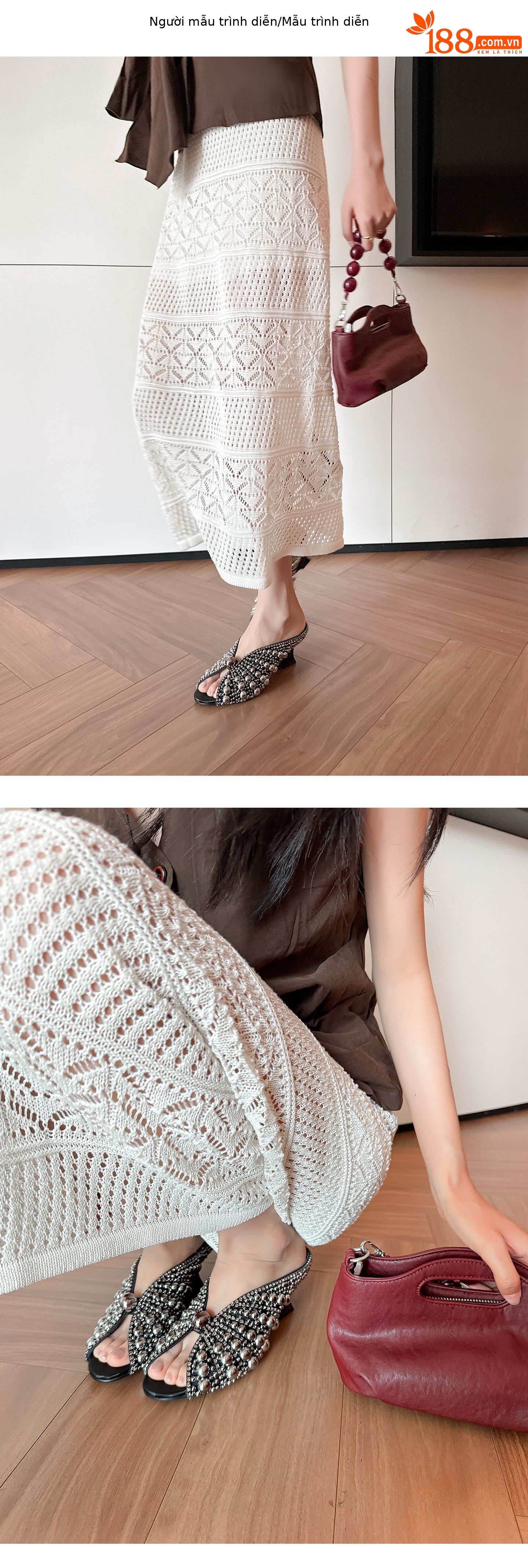 Sandal cao gót nữ mũi peep-toe đính ngọc trai, gót xuồng platform, phù hợp tiệc tùng — màu đen, màu trắng chi tiết 8