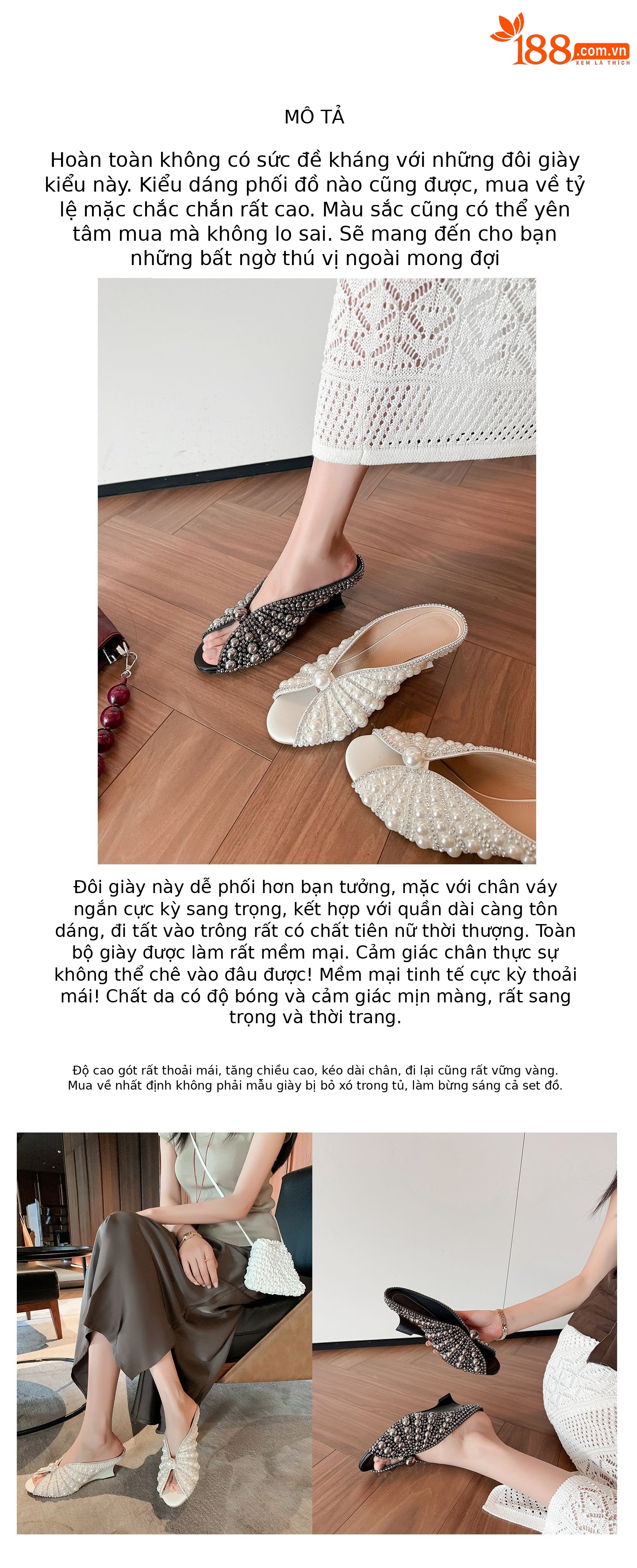 Sandal cao gót nữ mũi peep-toe đính ngọc trai, gót xuồng platform, phù hợp tiệc tùng — màu đen, màu trắng chi tiết 5