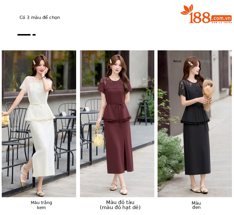 Bộ áo ren + chân váy hai mảnh nữ tính thanh lịch SX92621 — màu đen, Đỏ chà là, màu trắng ngà chi tiết 2