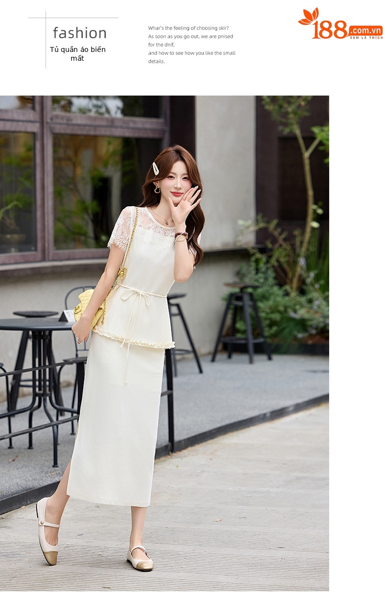 Bộ áo ren + chân váy hai mảnh nữ tính thanh lịch SX92621 — màu đen, Đỏ chà là, màu trắng ngà chi tiết 17