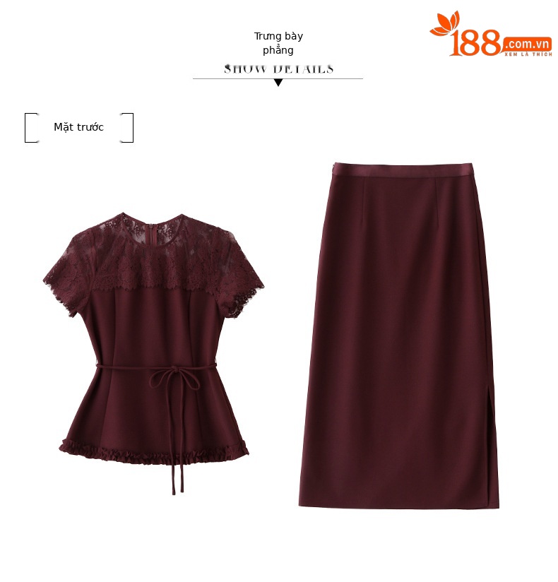 Bộ áo ren + chân váy hai mảnh nữ tính thanh lịch SX92621 — màu đen, Đỏ chà là, màu trắng ngà chi tiết 33