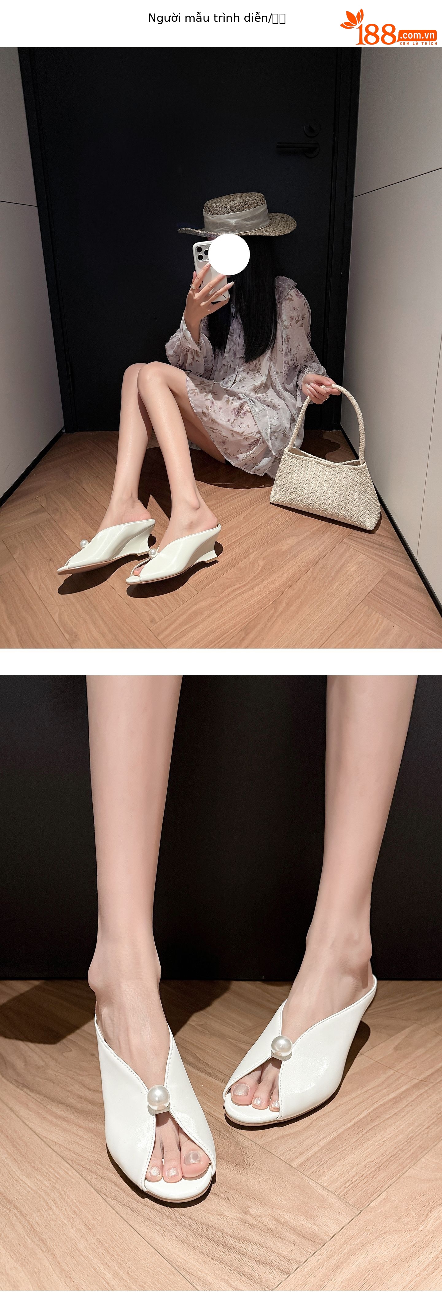 Sandal cao gót nữ hở mũi phong cách Chanel, gót xuồng 7 cm, quai ngang, đi biển hè — màu đen, màu hồng, màu trắng chi tiết 8