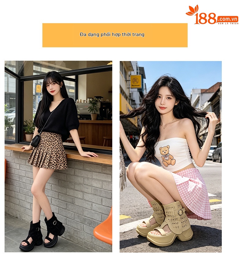 Boot cổ cao nữ đế dày phong cách La Mã hở mũi — Màu caramel 5069-1, Màu đen 5069-1 chi tiết 6