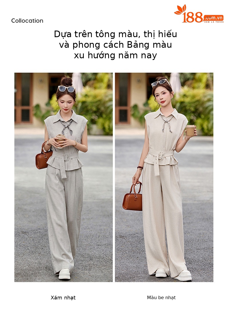 Bộ quần áo nữ hai mảnh mùa hè 2026: áo không tay eo thắt + quần ống rộng — Màu be nhạt, màu xám nhạt chi tiết 4