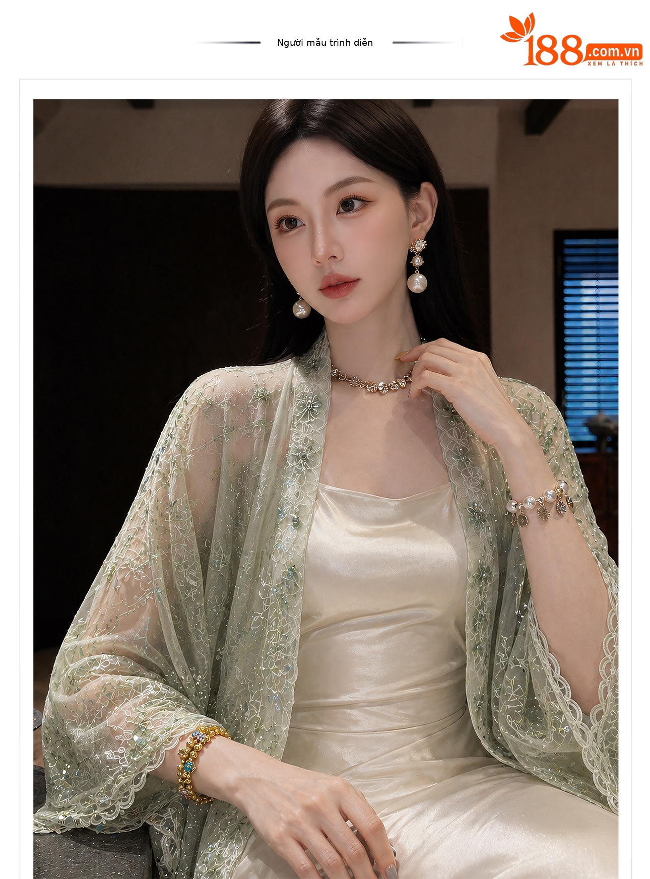 Áo sơ mi nữ dài tay thêu ren họa tiết hoa nổi, phong cách Tân Trung Hoa — Trắng sứ, Xanh mơ chi tiết 1