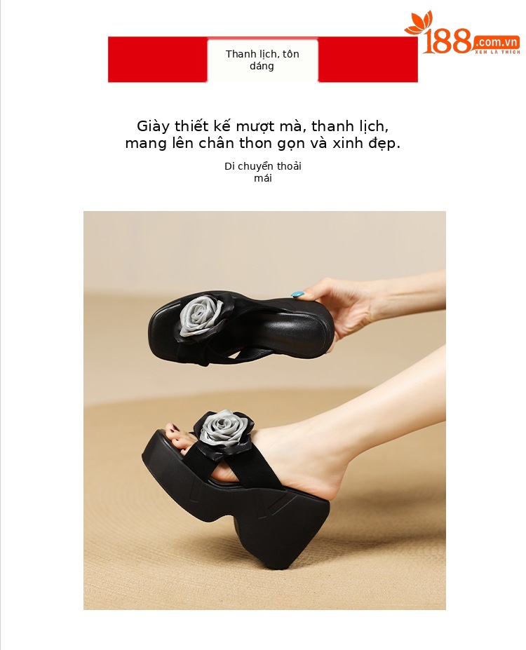 Dép sandal nữ quai chữ V đế xuồng cao gót 9 cm — màu đen, bạc chi tiết 4