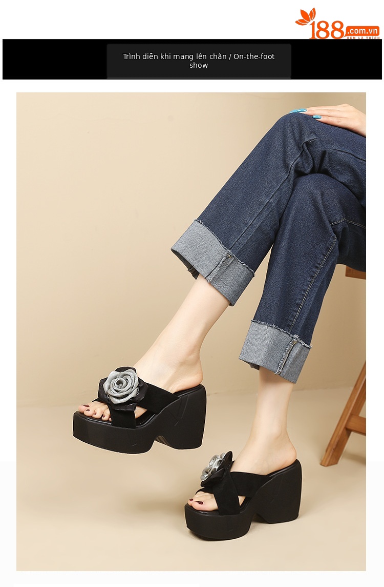 Dép sandal nữ quai chữ V đế xuồng cao gót 9 cm — màu đen, bạc chi tiết 10