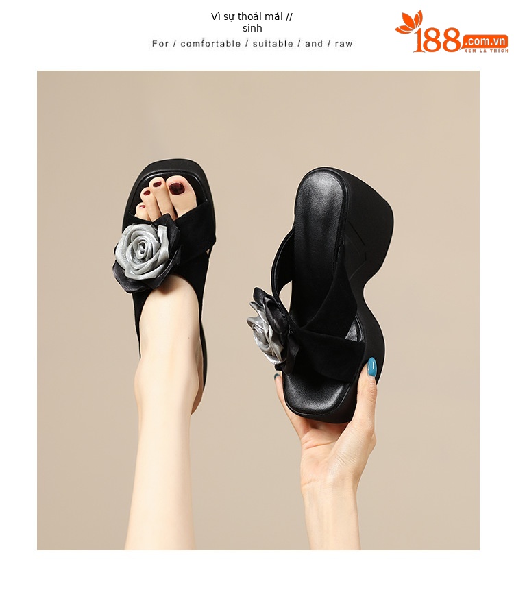 Dép sandal nữ quai chữ V đế xuồng cao gót 9 cm — màu đen, bạc chi tiết 14