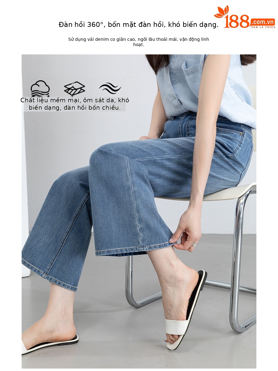 Quần jean nữ ống loa eo cao vải thun tứ diện mùa hè — xanh lam