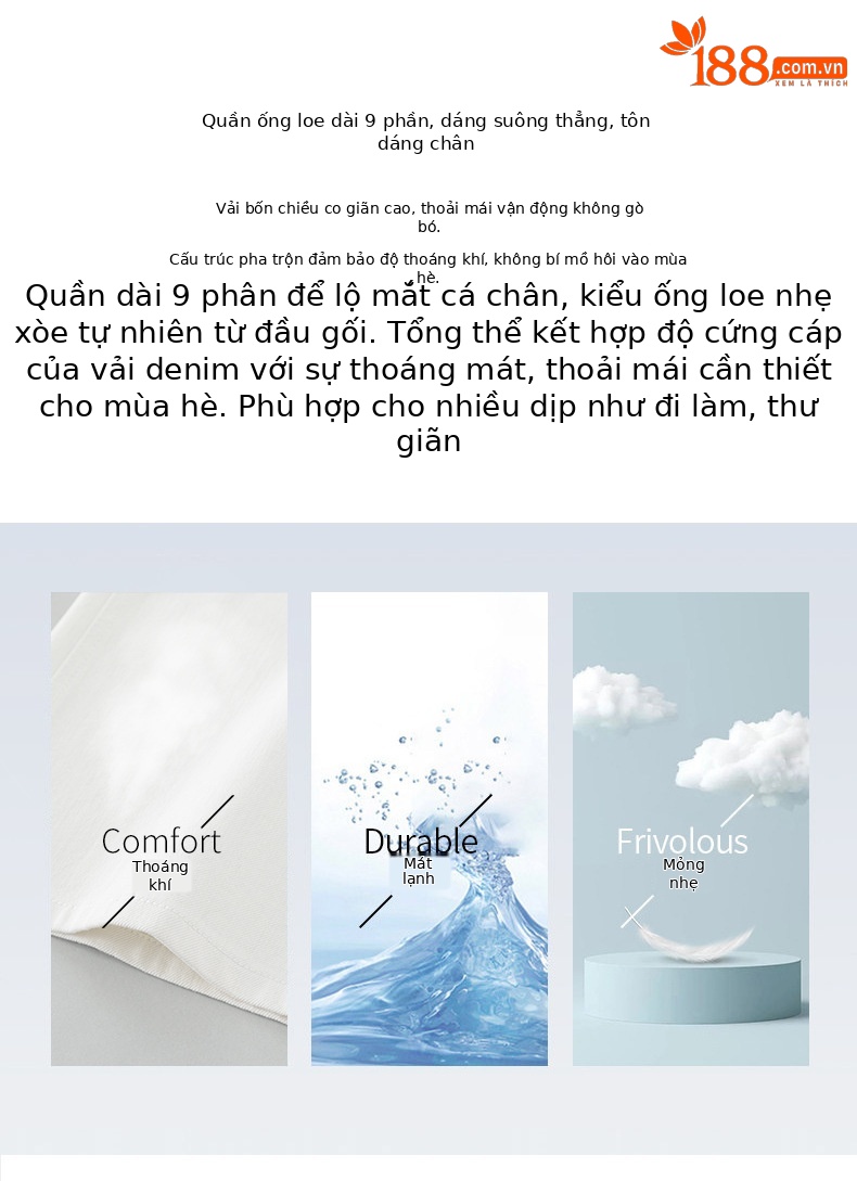 Quần jean nữ ống loa eo cao vải thun tứ diện mùa hè — xanh lam chi tiết 2