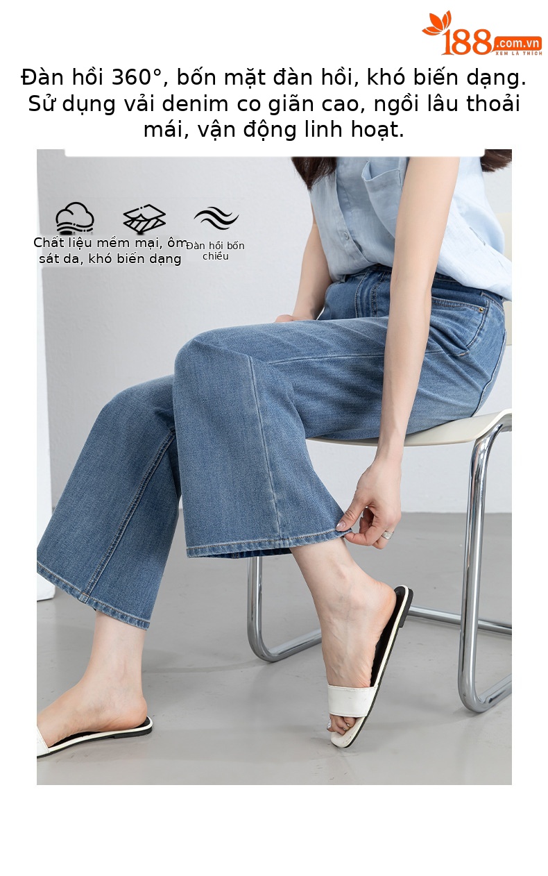 Quần jean nữ ống loa eo cao vải thun tứ diện mùa hè — xanh lam chi tiết 6