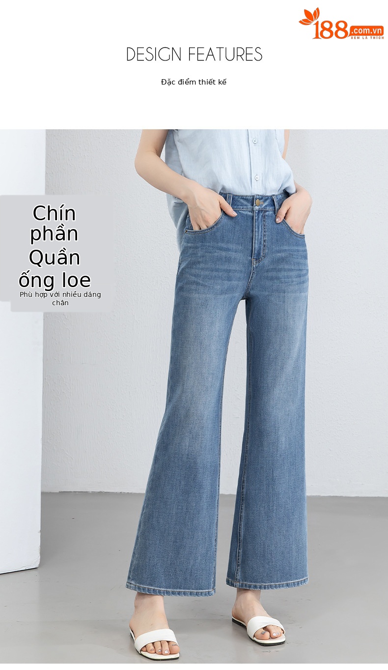 Quần jean nữ ống loa eo cao vải thun tứ diện mùa hè — xanh lam chi tiết 9