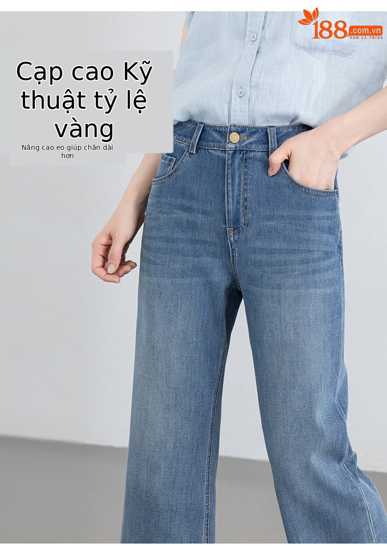 Quần jean nữ ống loa eo cao vải thun tứ diện mùa hè — xanh lam chi tiết 11