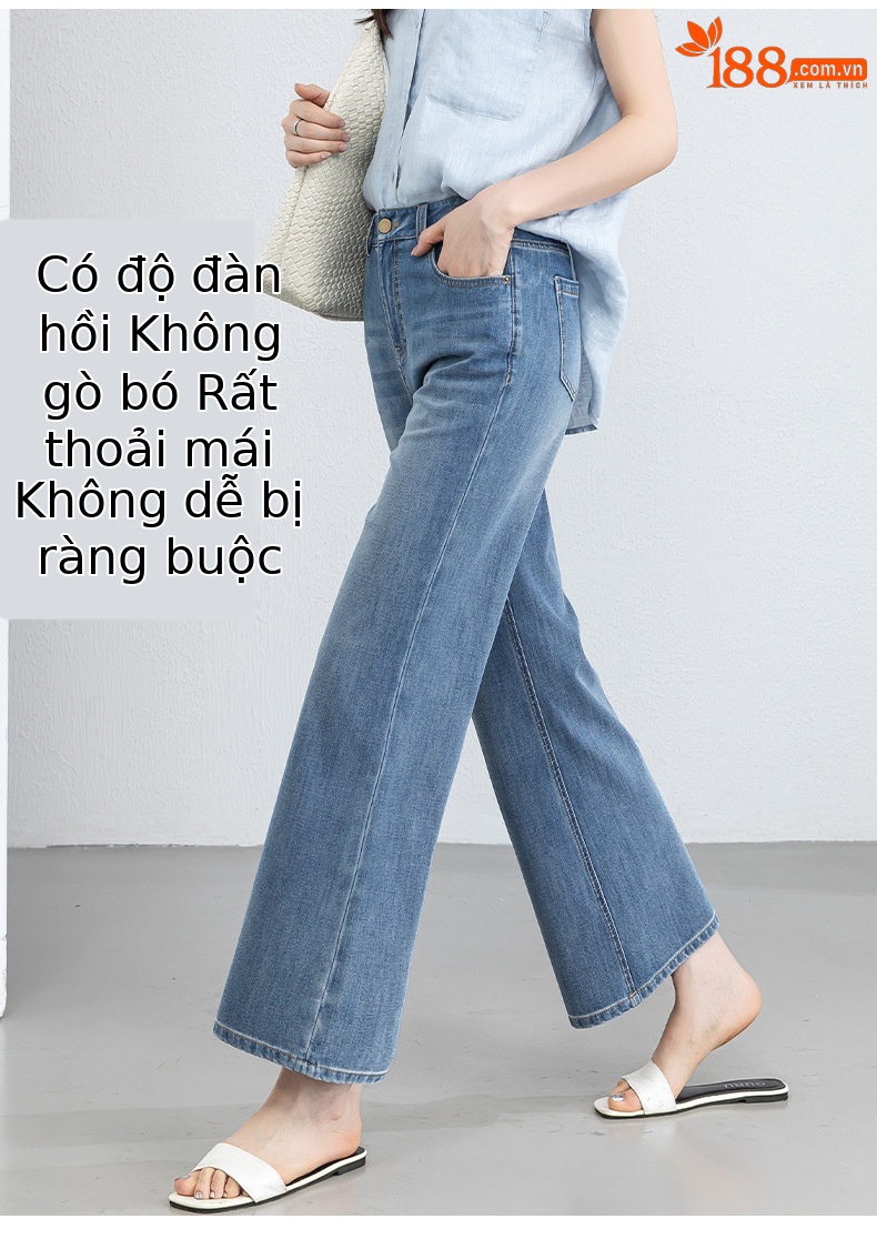 Quần jean nữ ống loa eo cao vải thun tứ diện mùa hè — xanh lam chi tiết 13