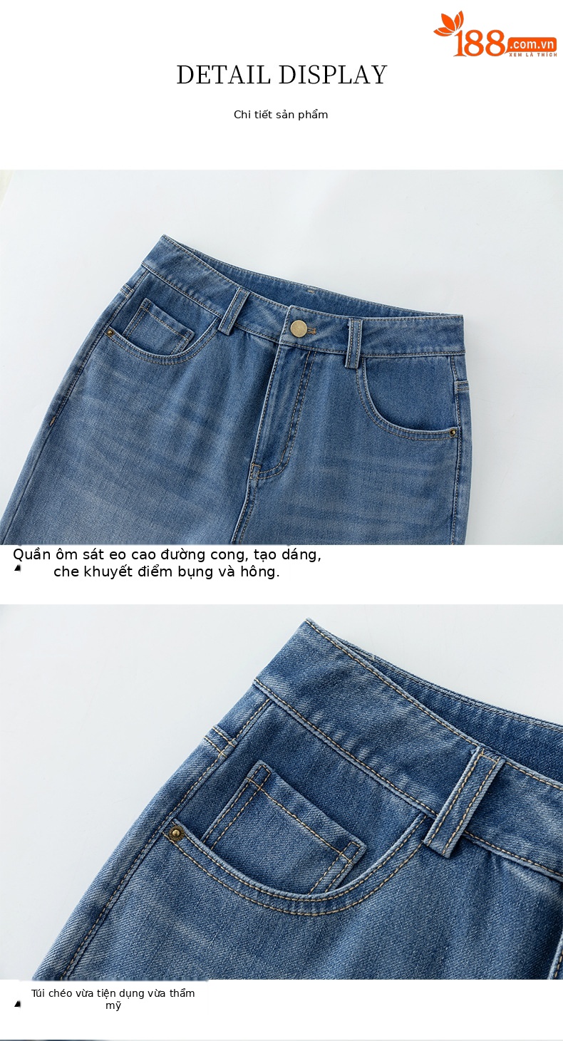 Quần jean nữ ống loa eo cao vải thun tứ diện mùa hè — xanh lam chi tiết 16