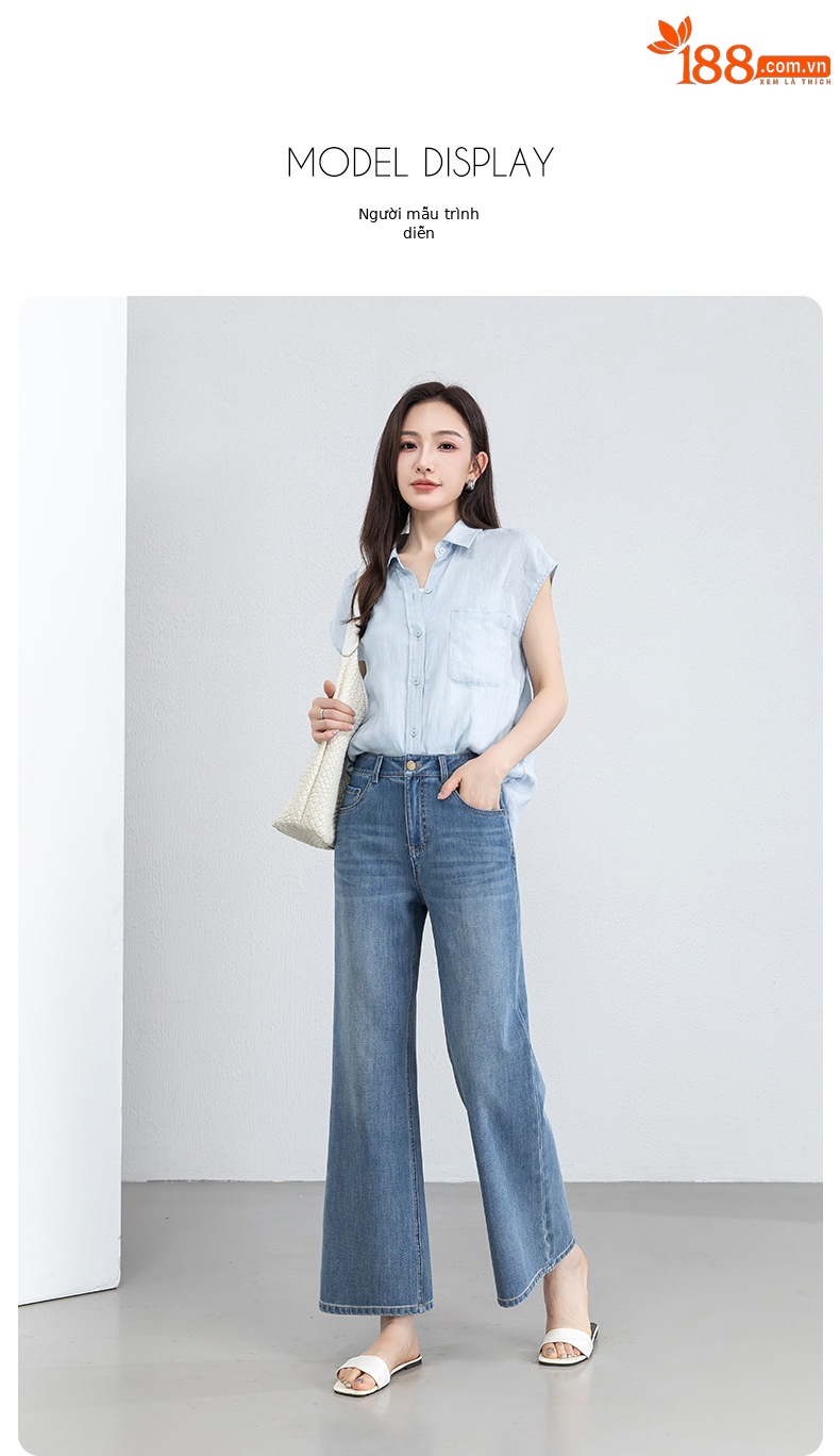 Quần jean nữ ống loa eo cao vải thun tứ diện mùa hè — xanh lam chi tiết 20