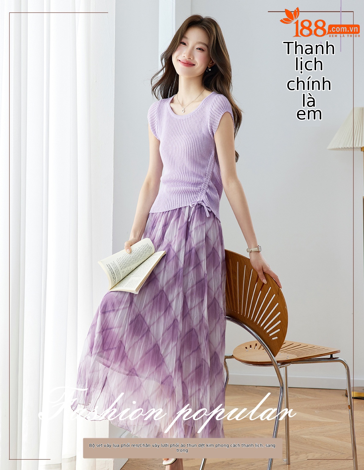Bộ áo thun kẻ sọc phối chân váy midi hai mảnh nữ tính — màu tím chi tiết 1