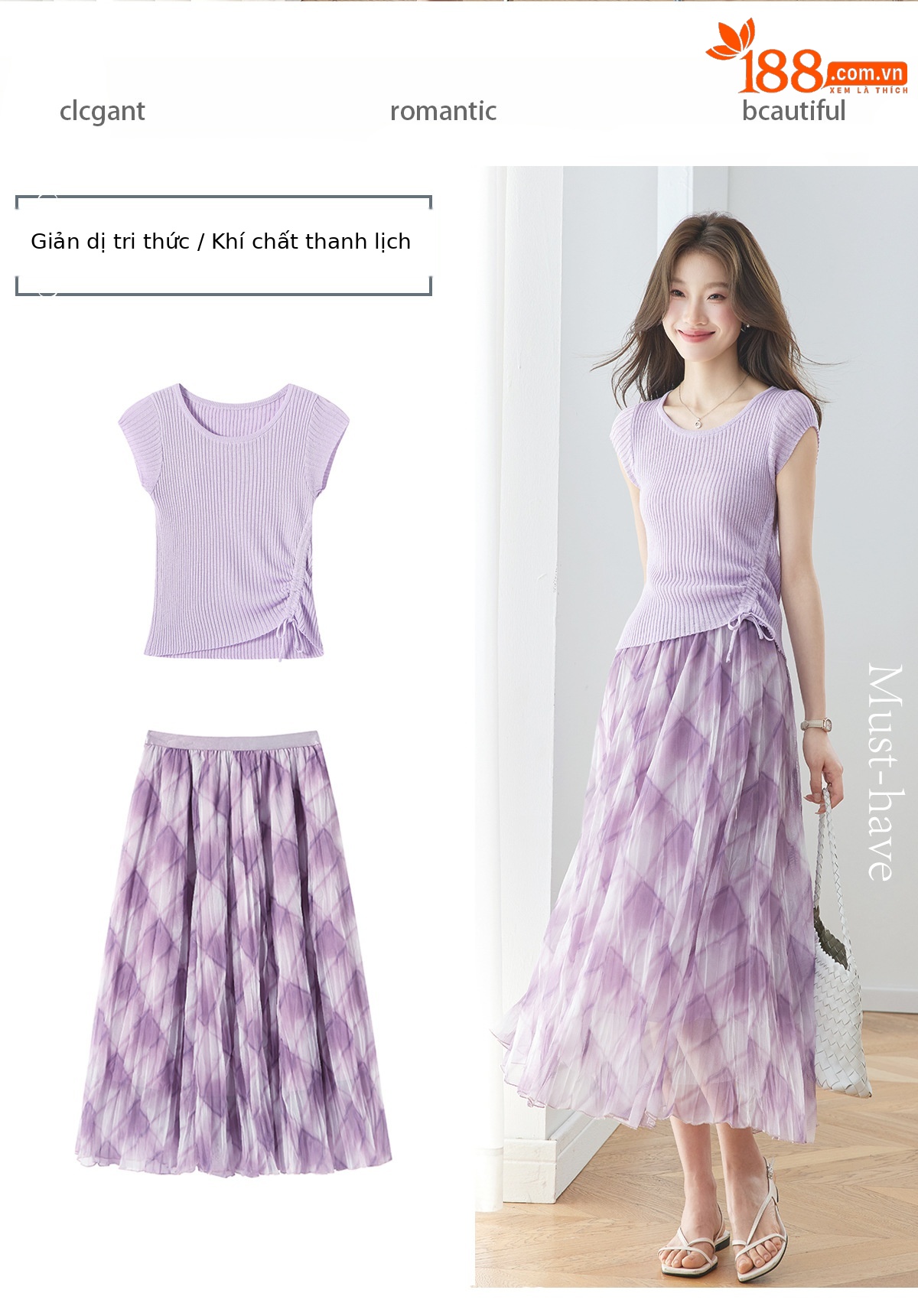 Bộ áo thun kẻ sọc phối chân váy midi hai mảnh nữ tính — màu tím chi tiết 2