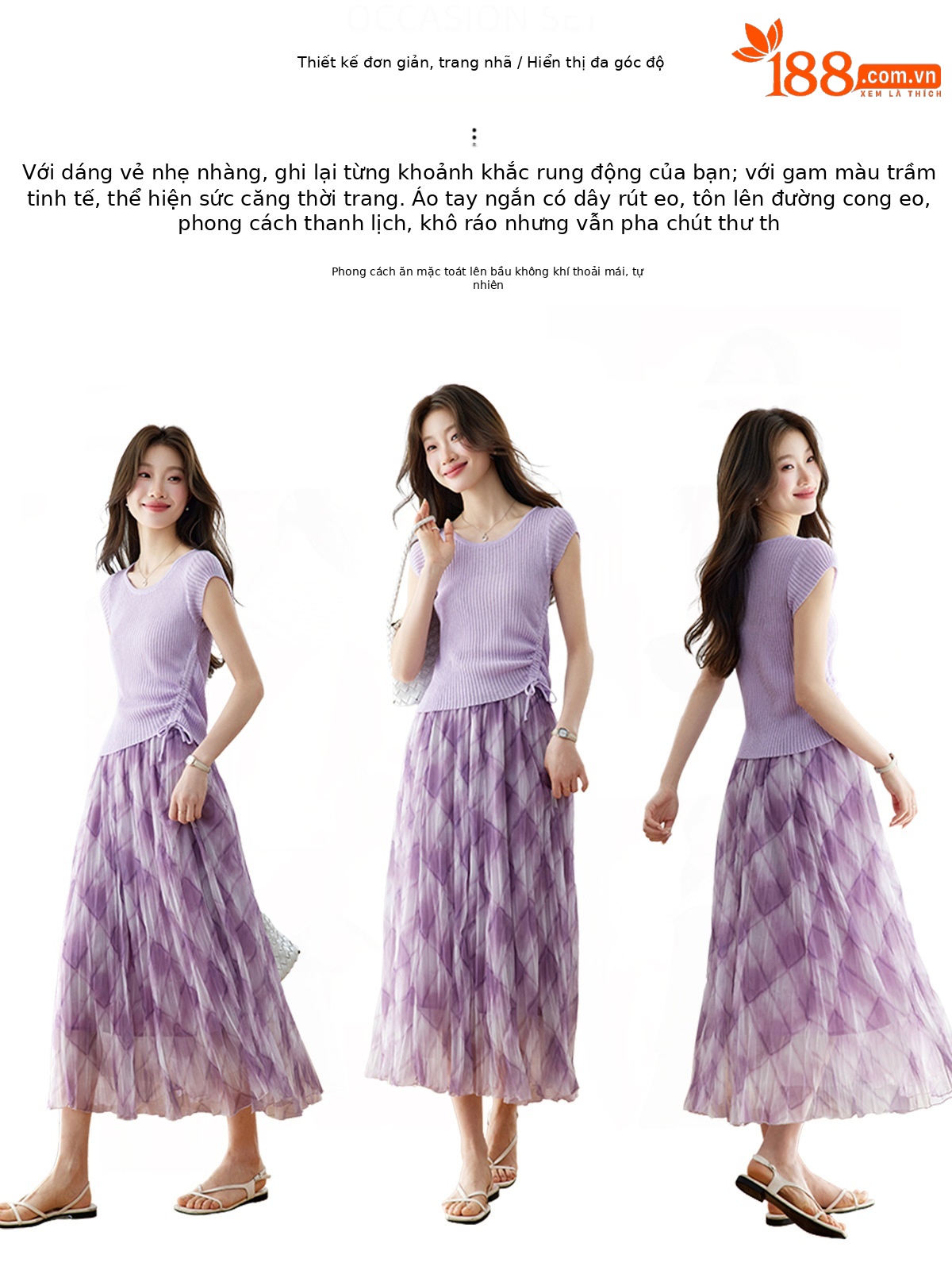 Bộ áo thun kẻ sọc phối chân váy midi hai mảnh nữ tính — màu tím chi tiết 3