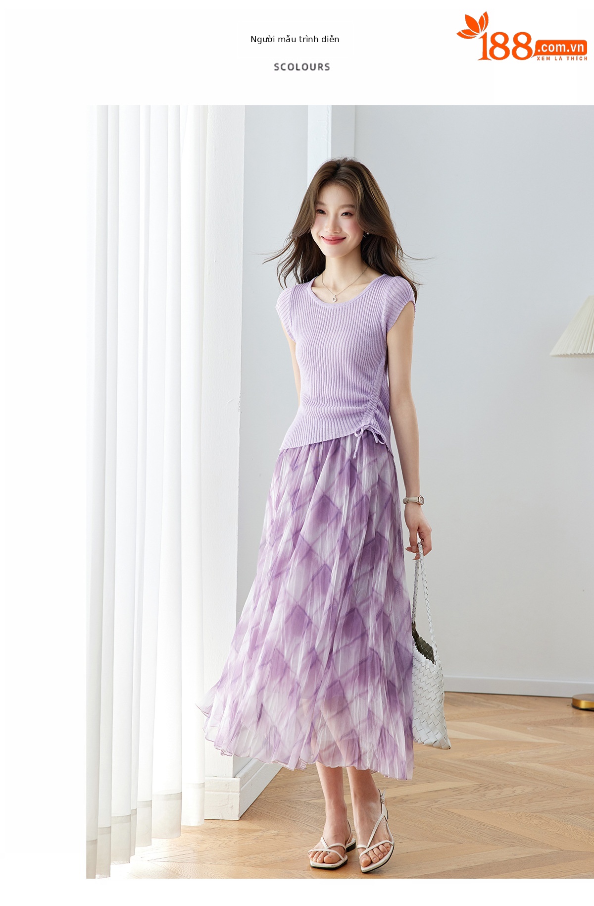 Bộ áo thun kẻ sọc phối chân váy midi hai mảnh nữ tính — màu tím chi tiết 10