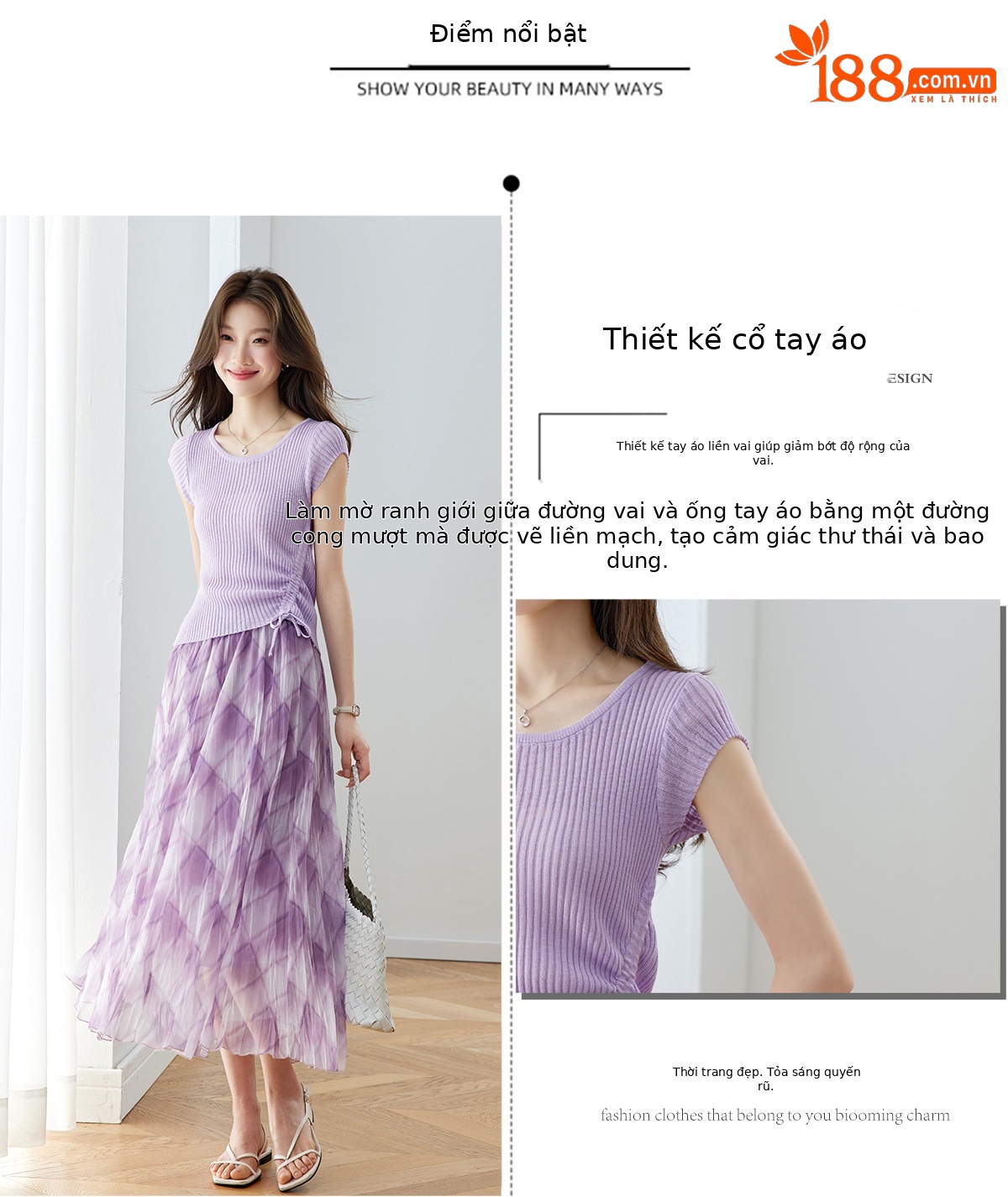 Bộ áo thun kẻ sọc phối chân váy midi hai mảnh nữ tính — màu tím chi tiết 4