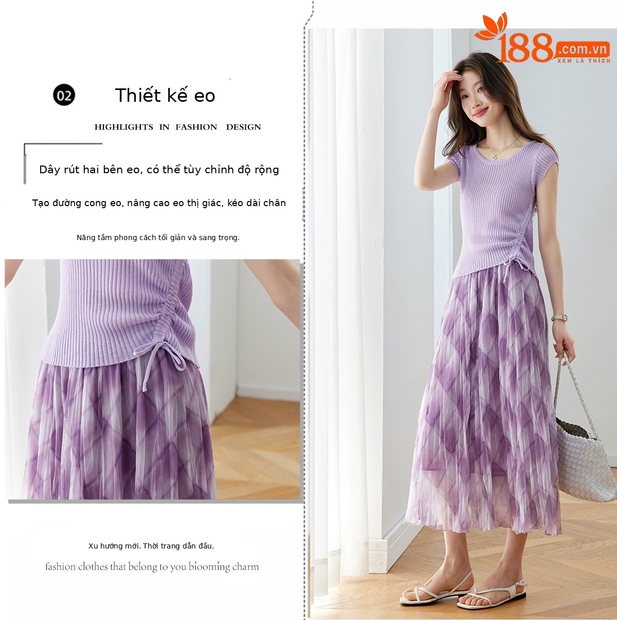Bộ áo thun kẻ sọc phối chân váy midi hai mảnh nữ tính — màu tím chi tiết 5